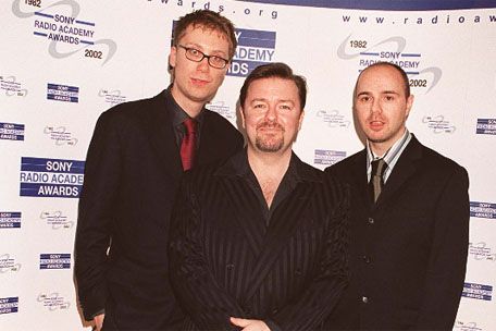 Karl Pilkington with Ricky Gervais and Stephen Merchant