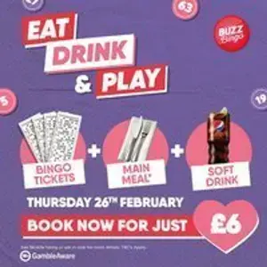 Eat, Drink & Play — event artwork at Buzz Bingo