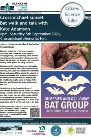 Sunset bat walk and talk with Kate Adamson — event artwork at Crossmichael Memorial Hall
